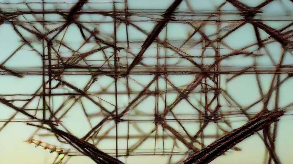 High voltage electricity transmission towers against a clear sky