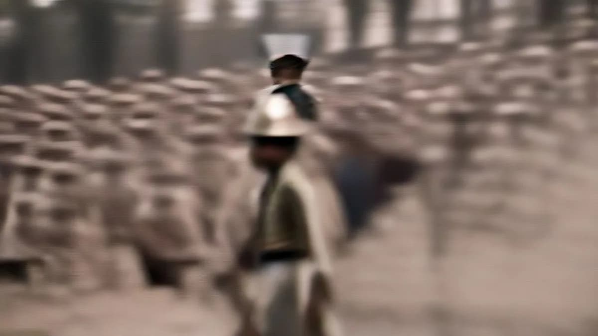 An Indian police officer standing outdoors during a daytime event.