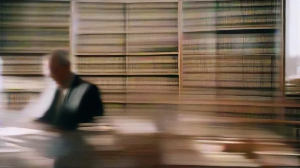 A researcher reviewing documents for fellowship applications at a library desk.