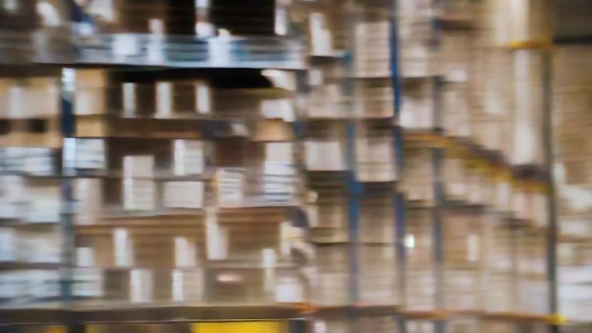 A grey-collar logistics worker using digital technology in a modern warehouse.