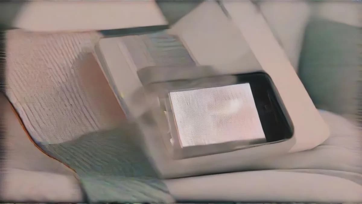 Person looking at a smartphone verification screen in a living room