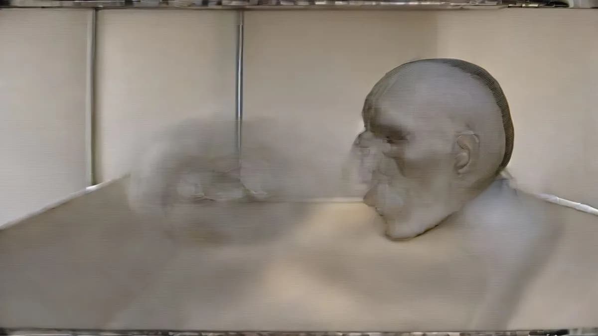Digital 3D reconstruction of a 315,000-year-old early human skull displayed on a laboratory monitor.
